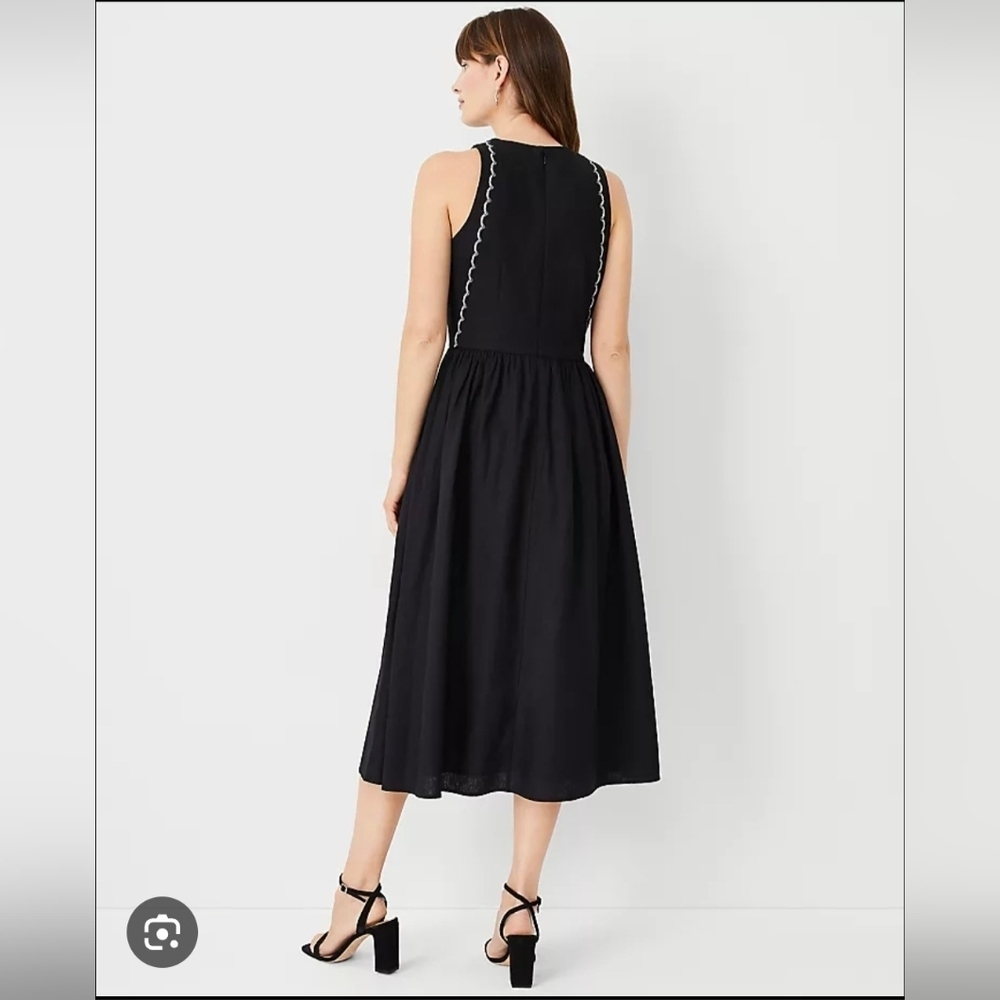 ANN TAYLOR, Scalloped Linen Blend Midi Dress, Black, Sz 8 - Picture 2 of 8